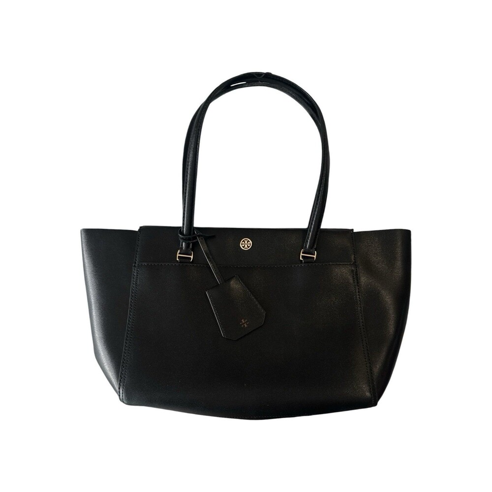 Tory Burch Parker Black Leather Zip Tote Shoulder Bag Gold Logo Large Shopper